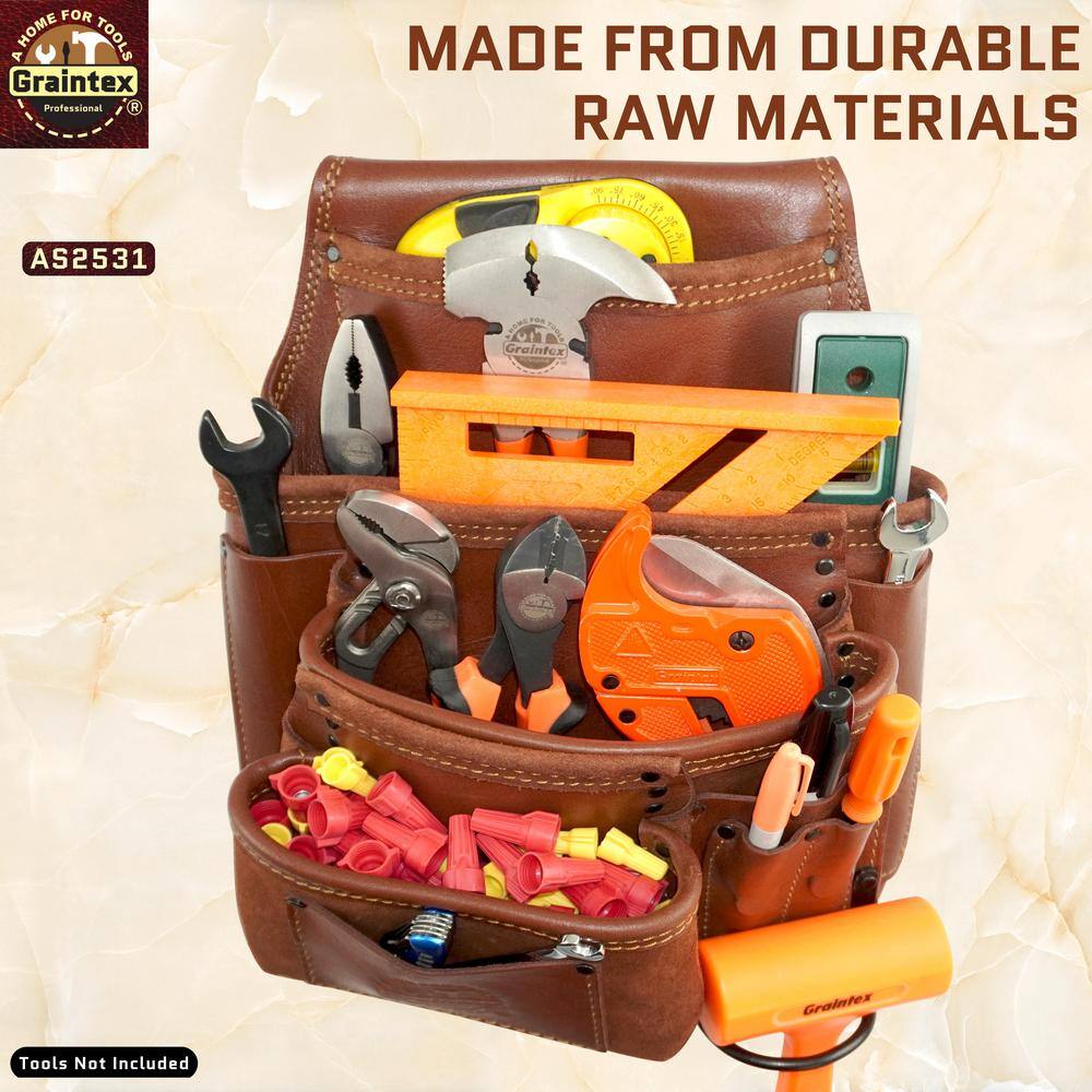 10-Pocket Left Handed Framers Professional Tool Pouch with Ambassador Series Top Grain Leather - Hercitys