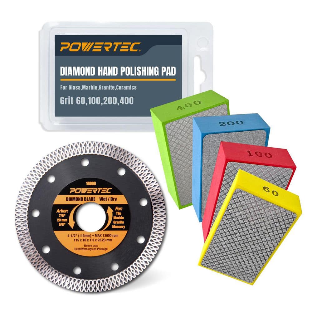 4-1/2 in. Turbo Mesh Rim Diamond Saw Blade and Diamond Hand Polishing Pads Kit Assorted 60/100/200/400 Grits - Hercitys