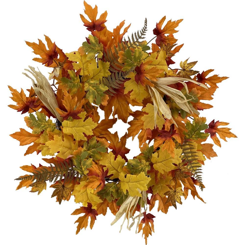 24 in. Fall Wreath with Maple, Oak Leaves and Corn Husks - Hercitys