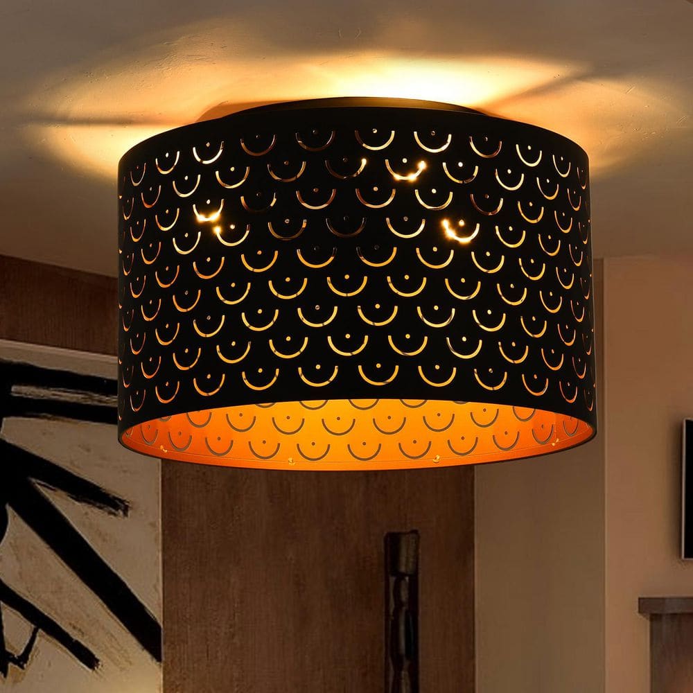 15 in. 3-Light Matte Black with Brass Inside Finish Industrial Drum Flush Mount Ceiling Light Fixture - Hercitys