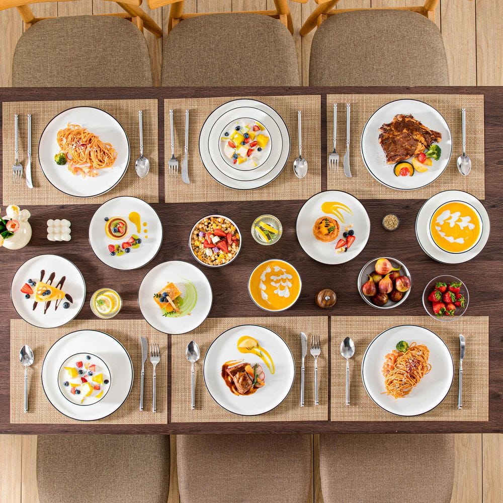 18-Piece White Black Rim Porcelain Dinnerware Set Service for 6 Tableware with Dinner Plates Dessert Plates and Bowls - Hercitys