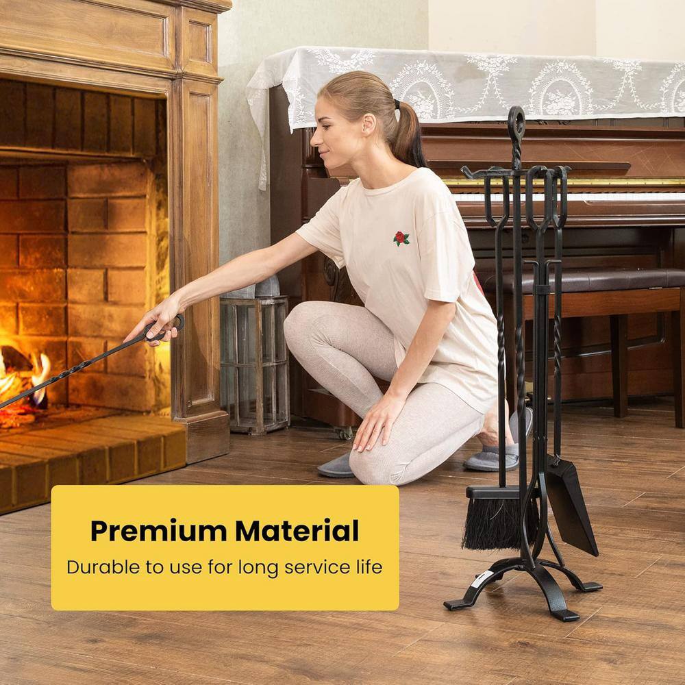 5-Piece Wrought Iron Fireplace Tool Set with Poker, Grabber, Broom, Shovel - Hercitys