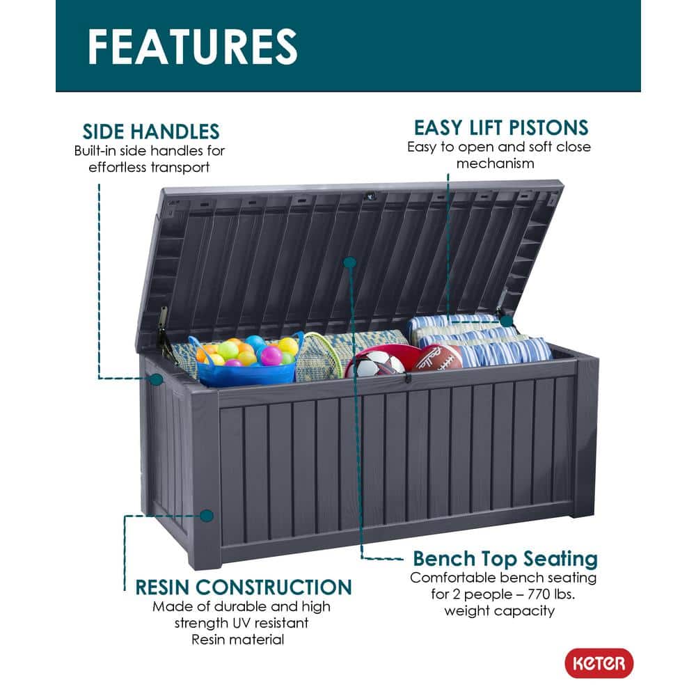 150 Gal. Large Deck Box Resin Grey for Patio Garden Furniture, Rockwood Outdoor Storage Container - Hercitys