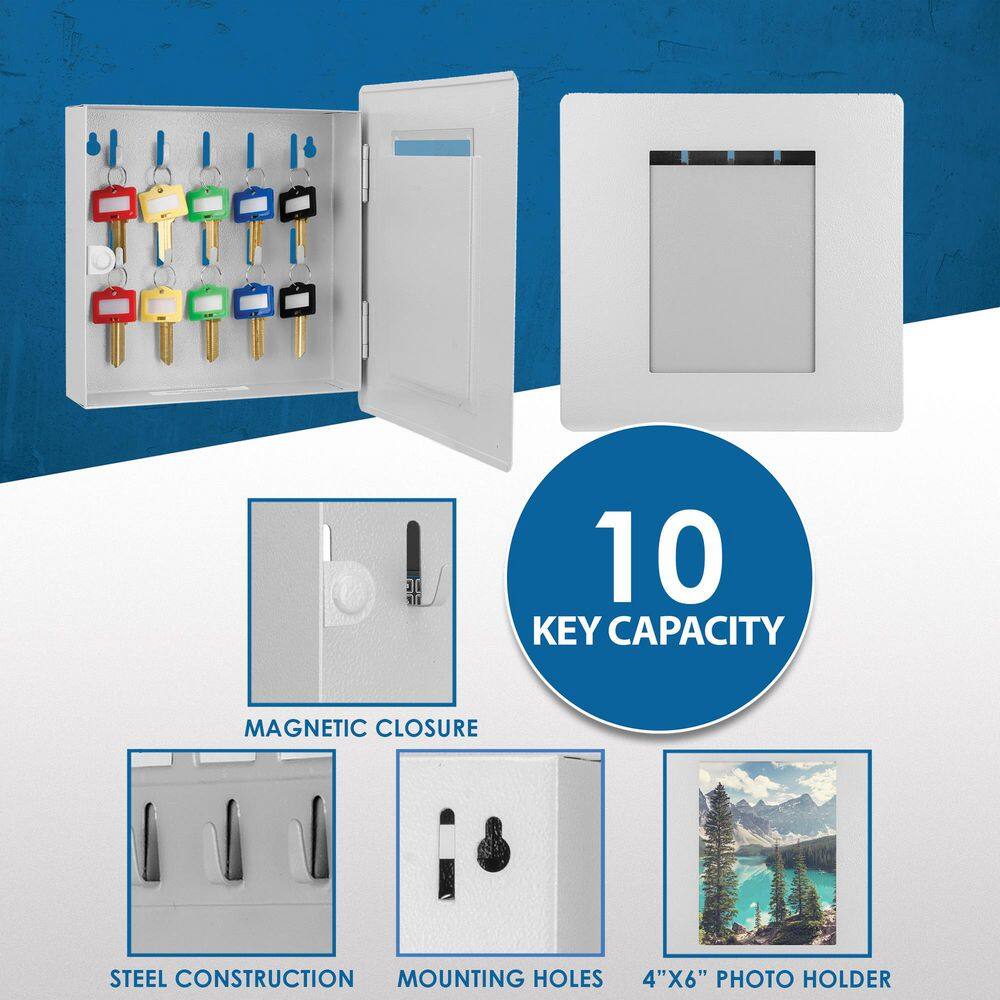 10-Key Steel Magnetic Lock Wall-Mount Photo Frame Key Cabinet, with 4 in. x 6 in. Picture Storage, Gray - Hercitys