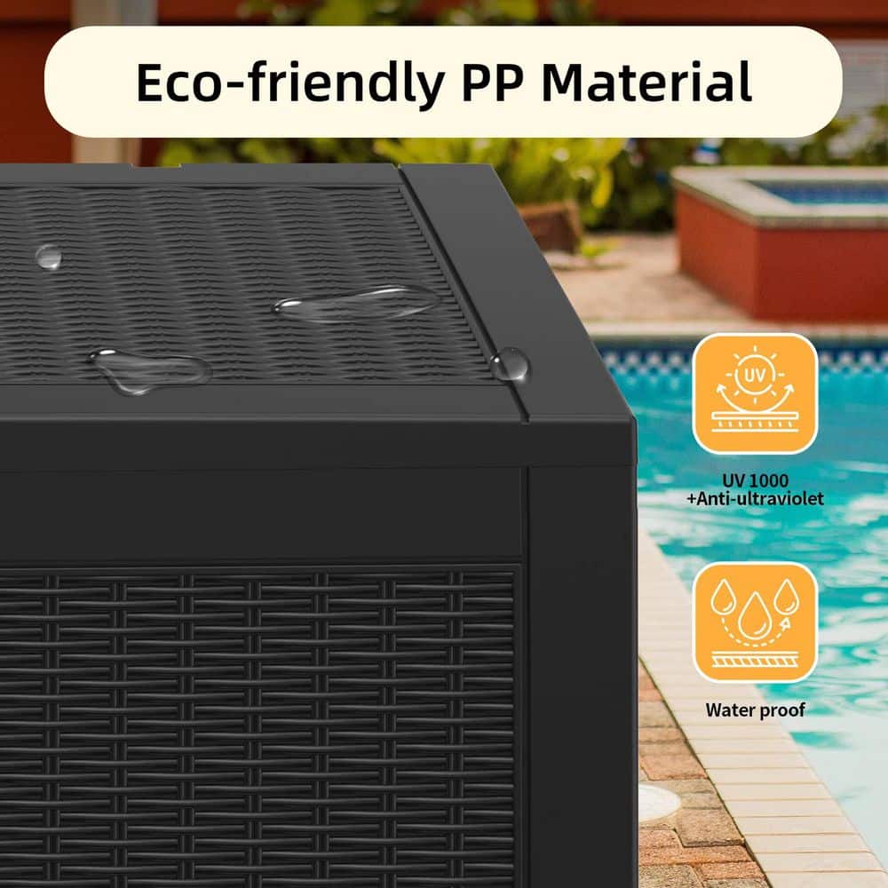 100 Gal. Large Plastic Rattan Deck Box with Gas Pressure Spring in Black - Hercitys