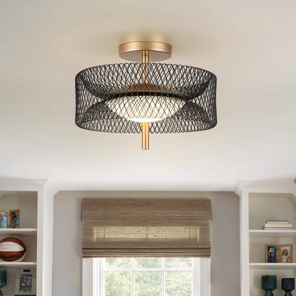 12.6 in. 23-Watt Black/Gold Integrated LED Semi-Flush Mount Ceiling Light with Drum Shade - Hercitys