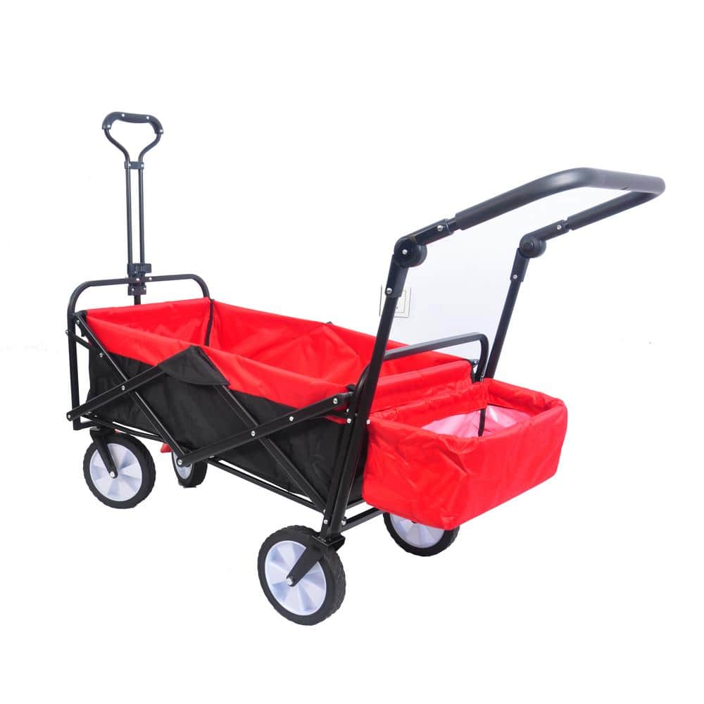 3 cu. ft. Black and Red Fabric Outdoor Utility Folding Wagon Garden Cart Hand Cart with Drink Holder, Adjustable Handles - Hercitys