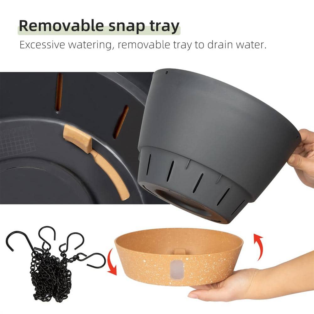 10 in. Dia Drak Gray Plastic Hanging Basket with Visible Water Level (2-Pack) - Hercitys