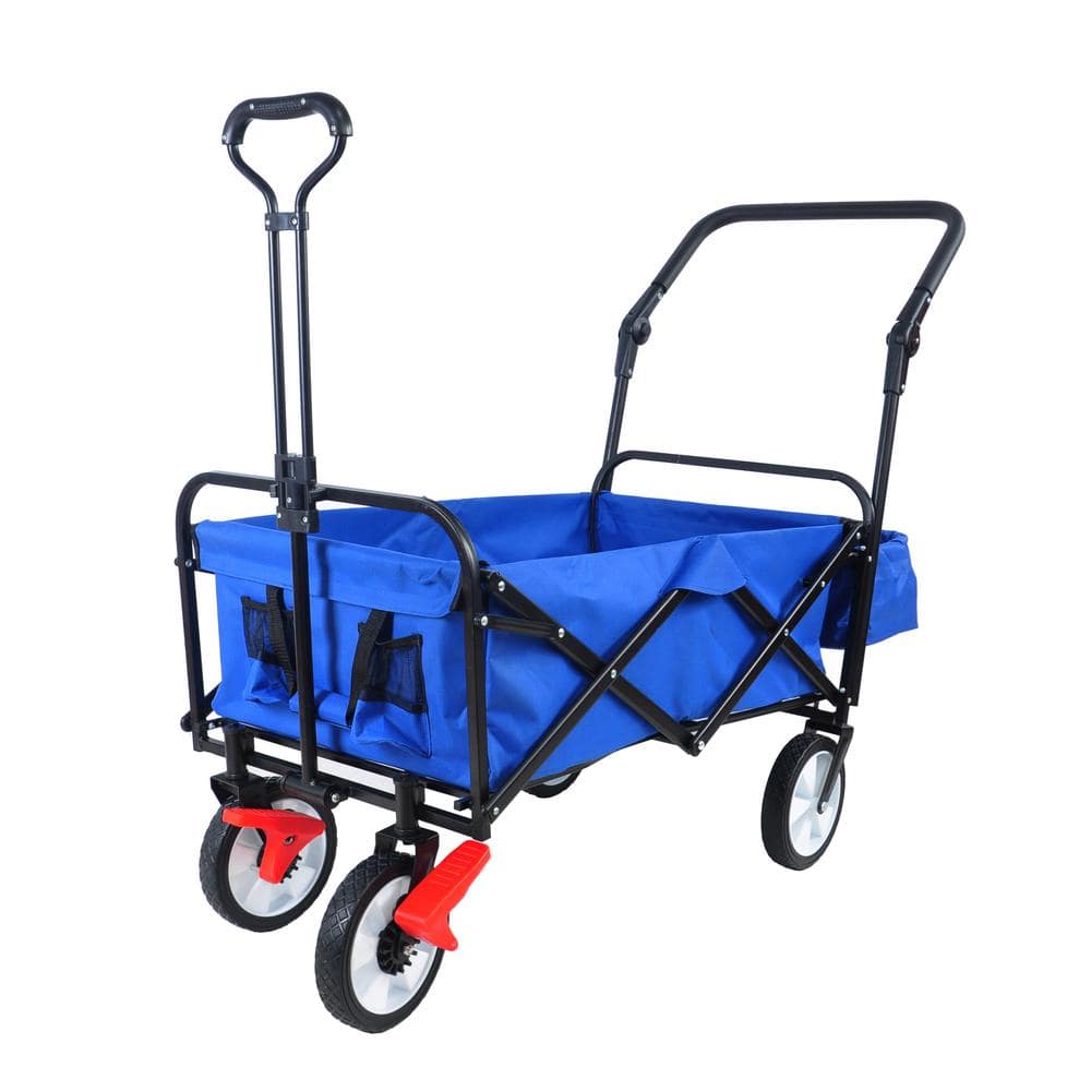 26 cu. ft. Heavy-Duty Folding Wagon Steel Garden Cart, Drink Holder, Adjustable Handles, Blue - Hercitys