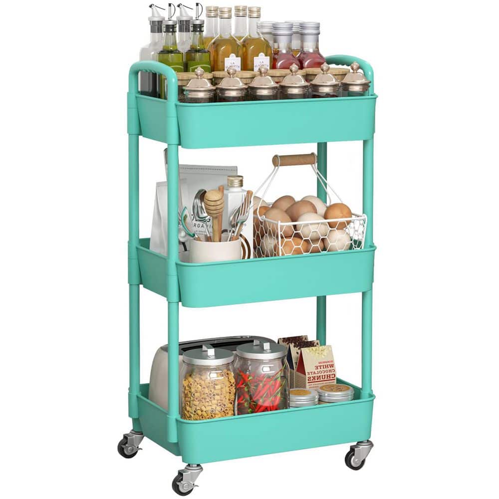 3-Tier Plastic -Wheeled Storage Utility Cart in Green - Hercitys