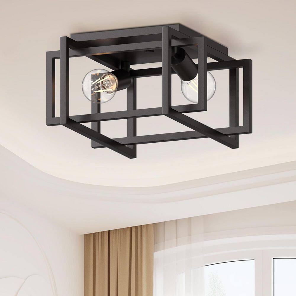 11.5 in. 2-Light Black Industrial Metal Frame Flush Mount Ceiling Light with E26 Bulb Base (Light Bulbs Not Included) - Hercitys