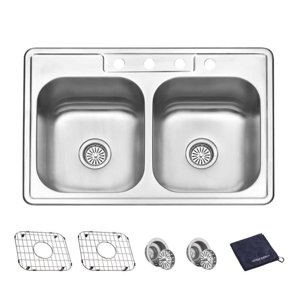 18-Gauge Stainless Steel 33 in. Double Bowl Drop-In Kitchen Sink with Bottom Grid - Hercitys