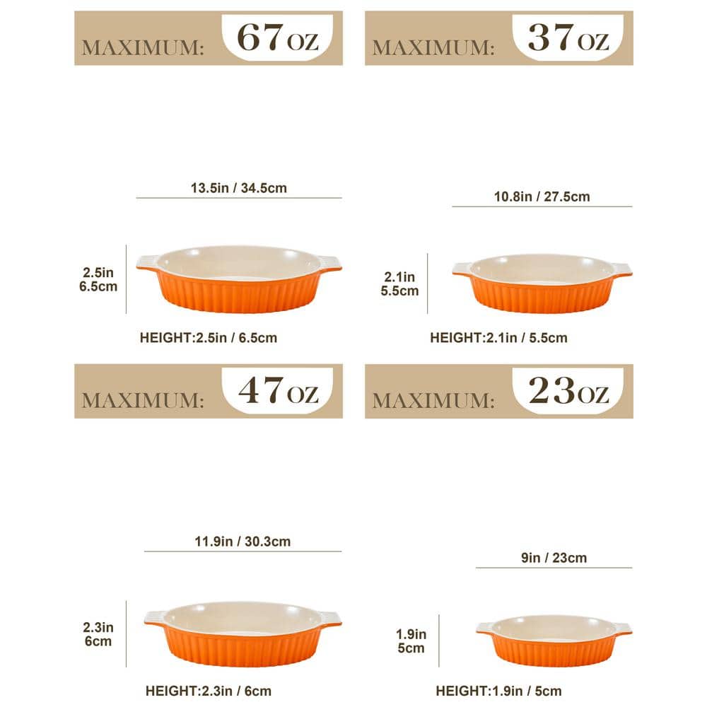 2-Piece Orange Rectangle Porcelain Bakeware Set (9.5 in. /11.25 in. /12.75 in. /14.5 in.) Baking Dishes - Hercitys