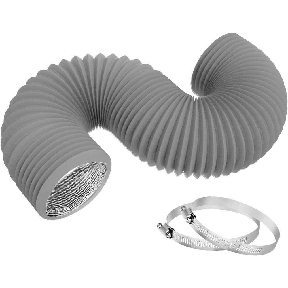 4 in. 8 ft. Aluminum Foil Dryer Vent Hose and Flexible Insulated Air DuctingVent Hose PVC with 2 Clamps for HVAC in Gray - Hercitys
