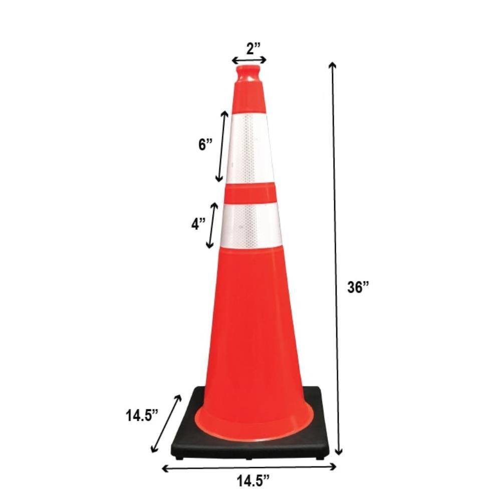 36 in. Orange Traffic Cone with Black Base and 4 in. and 6 in. Reflective Collars 10 lbs. (6-Pack) - Hercitys