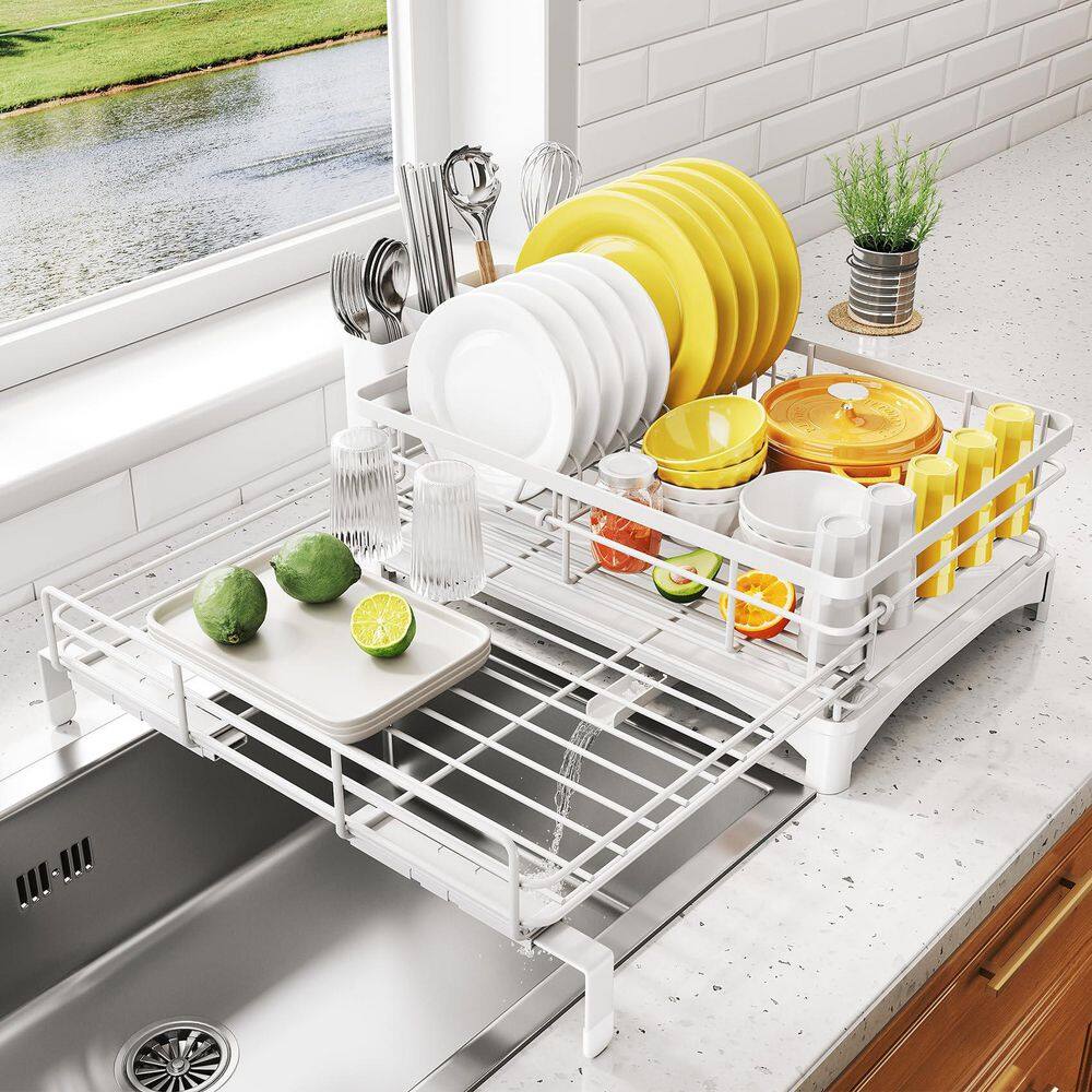 12.2 in. to 21.7 in. White Extendable Dish Rack, Dish Drying Rack, Stainless Steel Dish Strainer with Utensil Holder - Hercitys