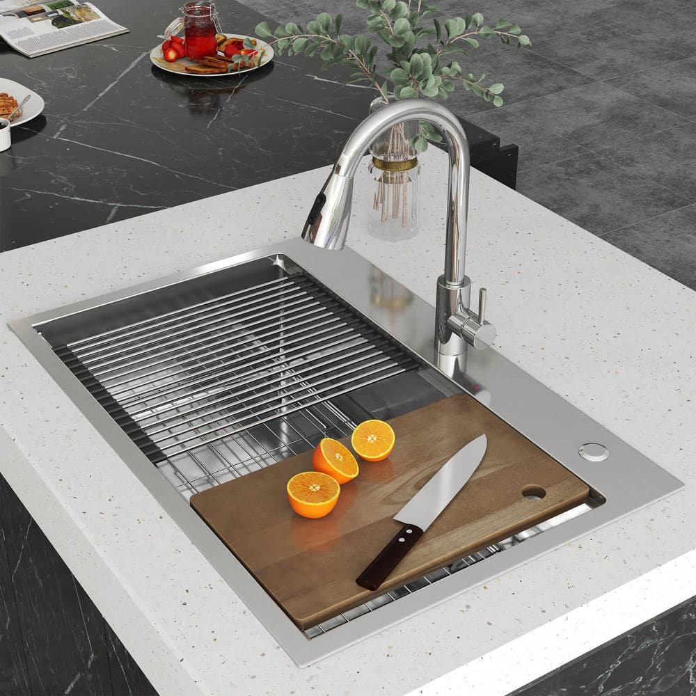 33 in. Drop-In/Undermount Single Bowl 16 Gauge Gunmetal Sliver Stainless Steel Kitchen Sink with Bottom Grids - Hercitys