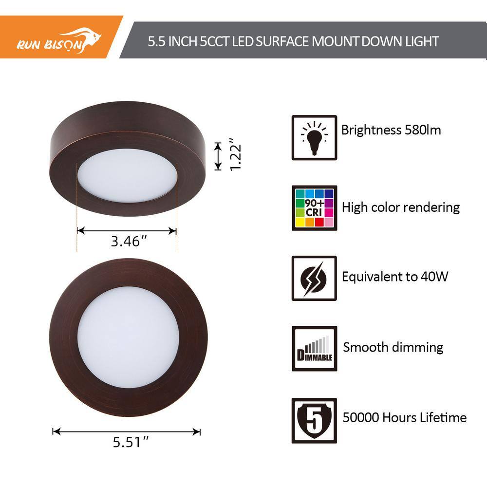 2-Pack 5.5 in. Round Color Bronze Selectable Integrated LED Flush Mount Downlight - Hercitys