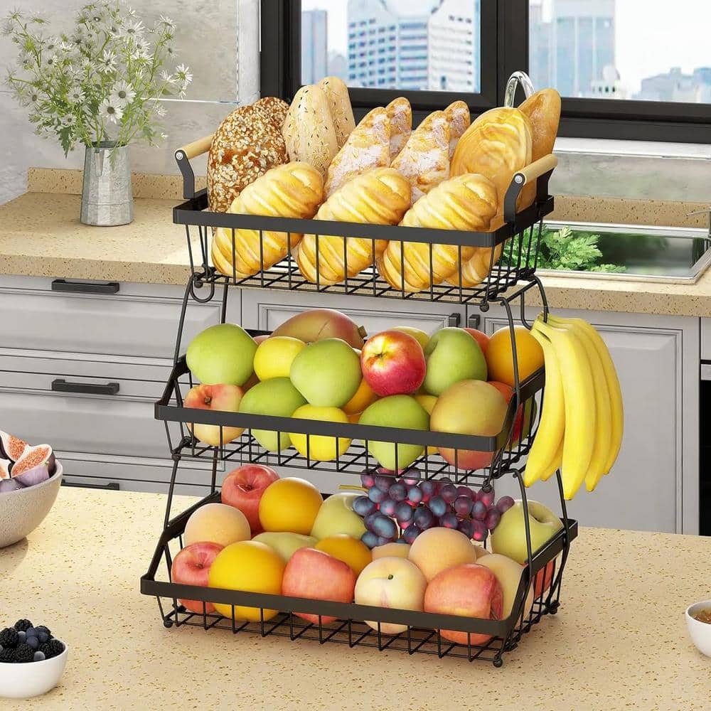 1-Piece 3-Tier Fruit Basket Bowl in Black with Side Hooks, Detachable Basket and Wooden Handle for Kitchen Countertop - Hercitys