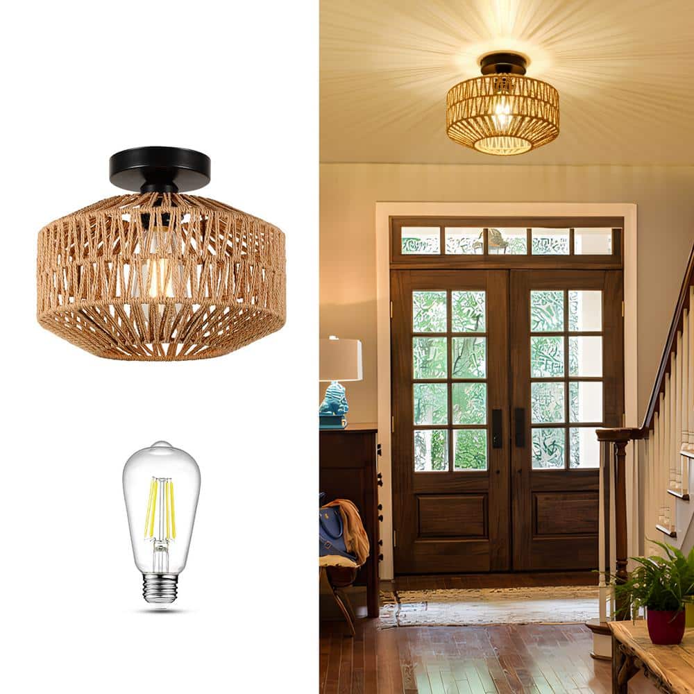 11.8 in. 1-Light Brown Rattan LED Semi-Flush Mount Light with Dimmable LED Bulb - Hercitys