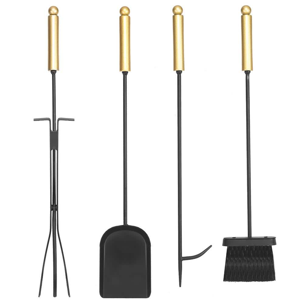 5-Pieces Fireplace Tool Set Rustic Wrought Iron Firewood Burning Polished Brass - Hercitys