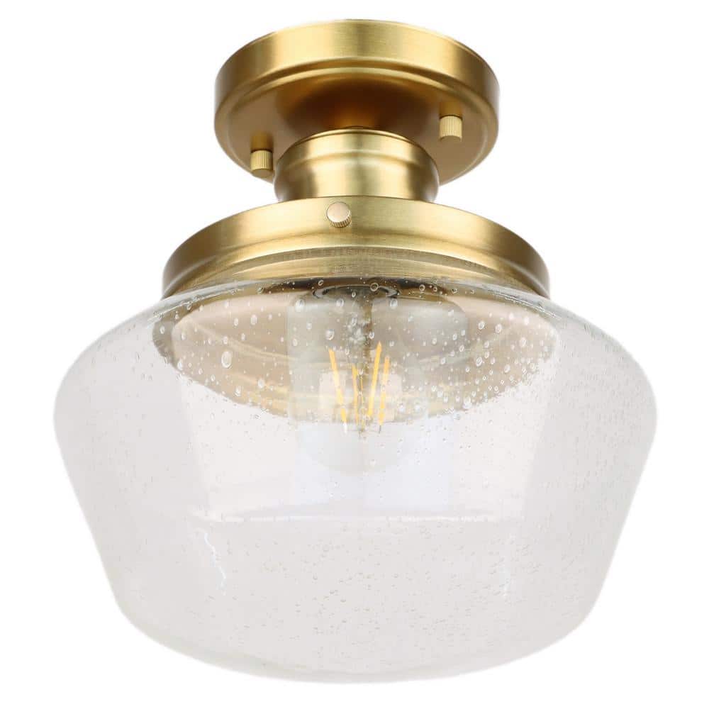10 in. 1-Light Industrial Semi Flush Mount Gold Pendant Light with Glass Shade for Hallway Corridor Kitchen - Hercitys