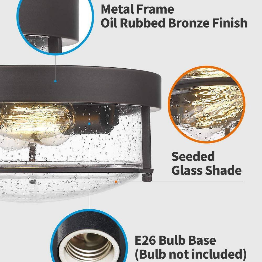 12 in. 2-Light Oil Rubbed Bronze Finish With Seeded Glass Shade Ceiling Flush Mount Light Fixture - Hercitys