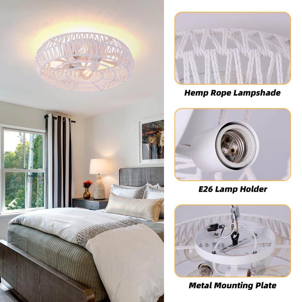 19.3 in. 4-Light White Caged Flush Mount with Rattan Shade and No Bulbs Included - Hercitys