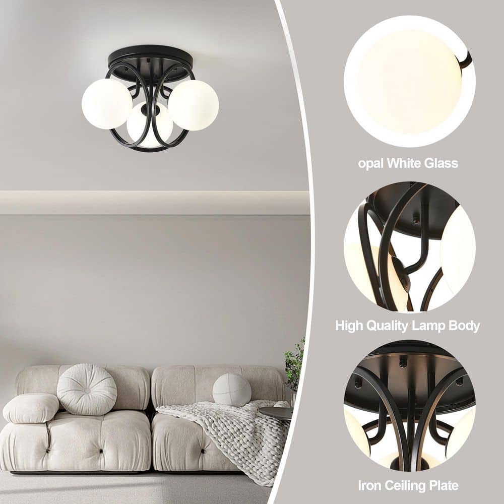 11.81 in. 3-Light Black Industrial Semi-Flush Mount Ceiling Light with Frosted Glass Shade - Hercitys