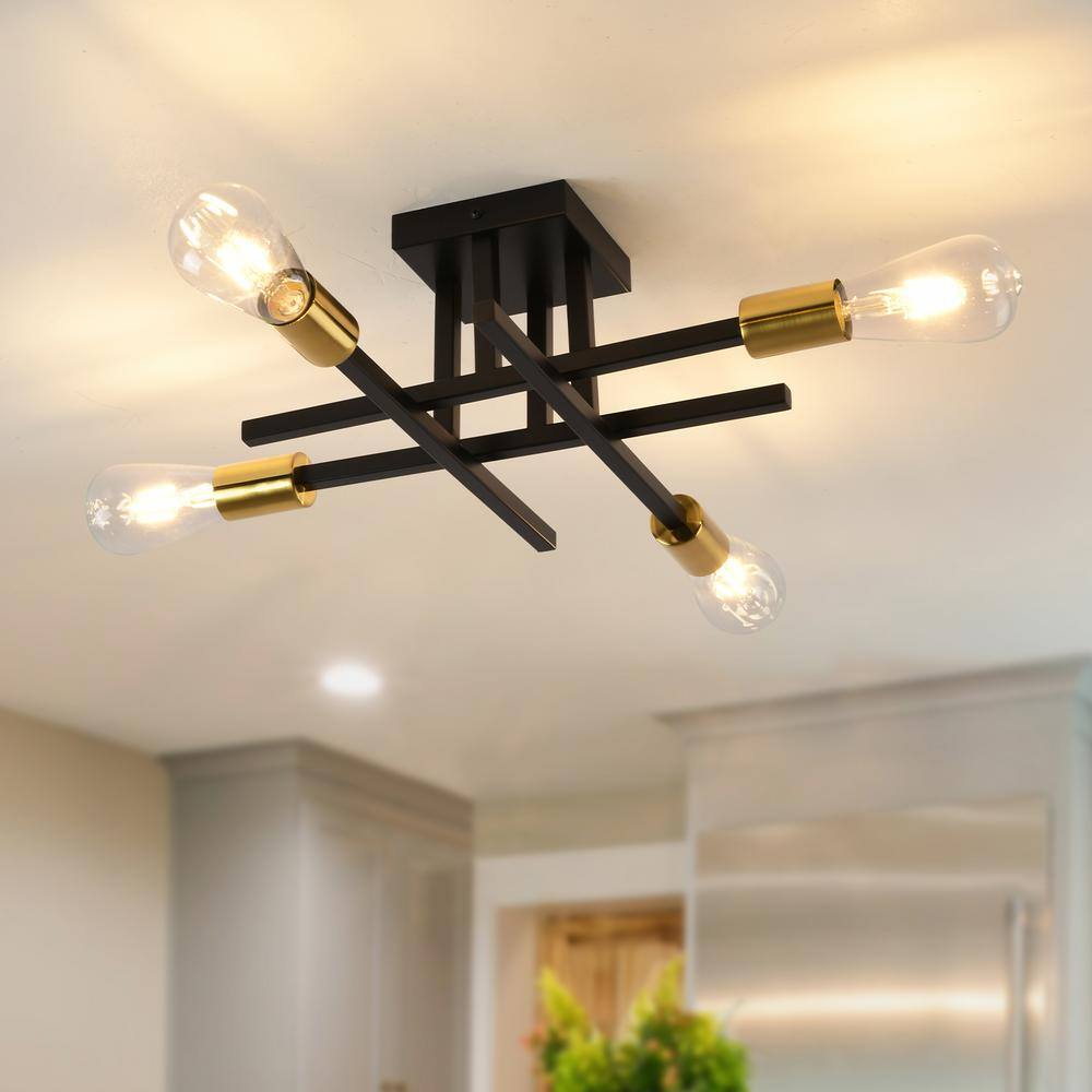 18.11 in. 4-Light Black/Gold Dimmable Sputnik Linear Chandelier Semi Flush Mount Chandelier for Living Dining Room Foyer - Hercitys