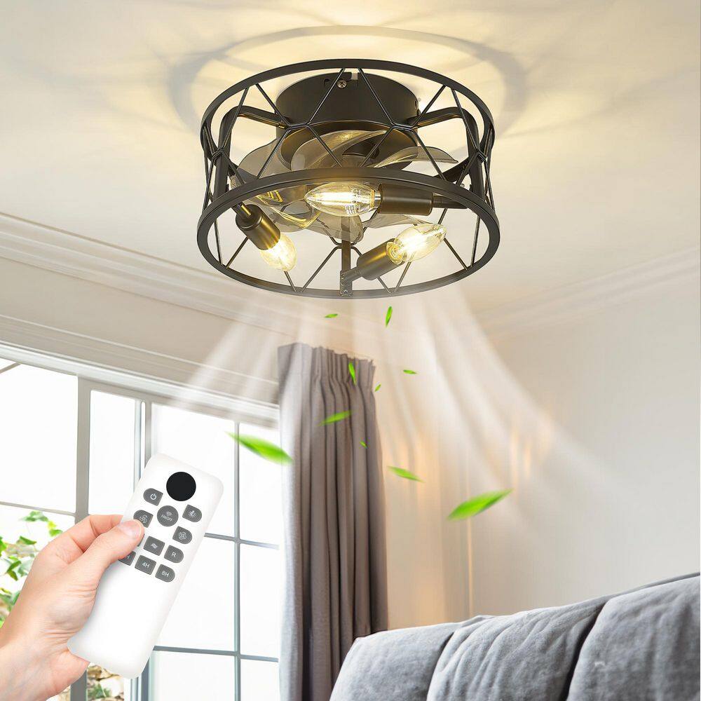 12 in. Indoor Matte Black 100-240 V Low Profile Mini Cage Ceiling Fan with Light - Hercitys