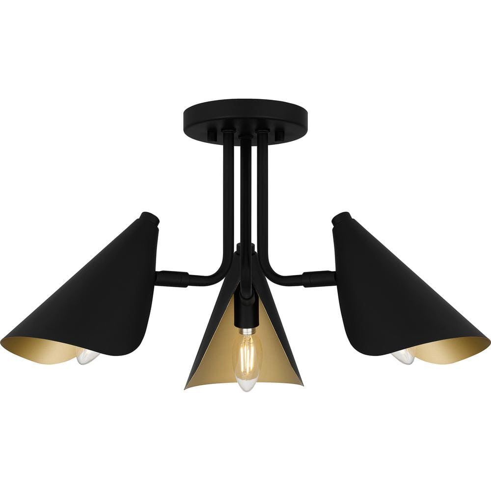 20 in. 3-Light Matte Black Semi-Flush Mount with Painted Gold Interior Metal Shades - Hercitys