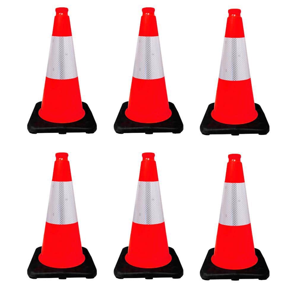 18 in. Orange Traffic Cone with Black Base with 6 in. Reflective Collar 3 lbs. (6-Pack) - Hercitys