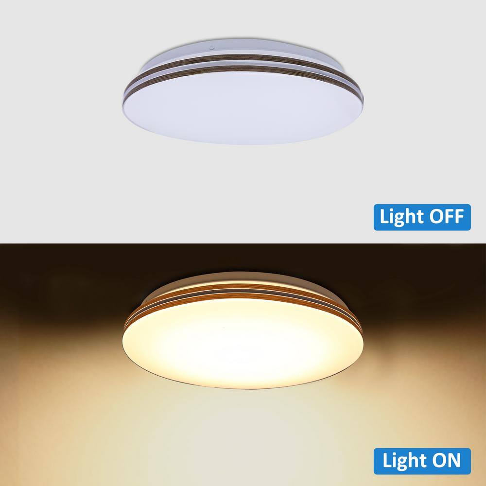 13.2 in. Round White with Faux Wood-Grain Trim Adjustable CCT 3000K/4000K/5000K Dimmable Flush Mount Light Fixture - Hercitys