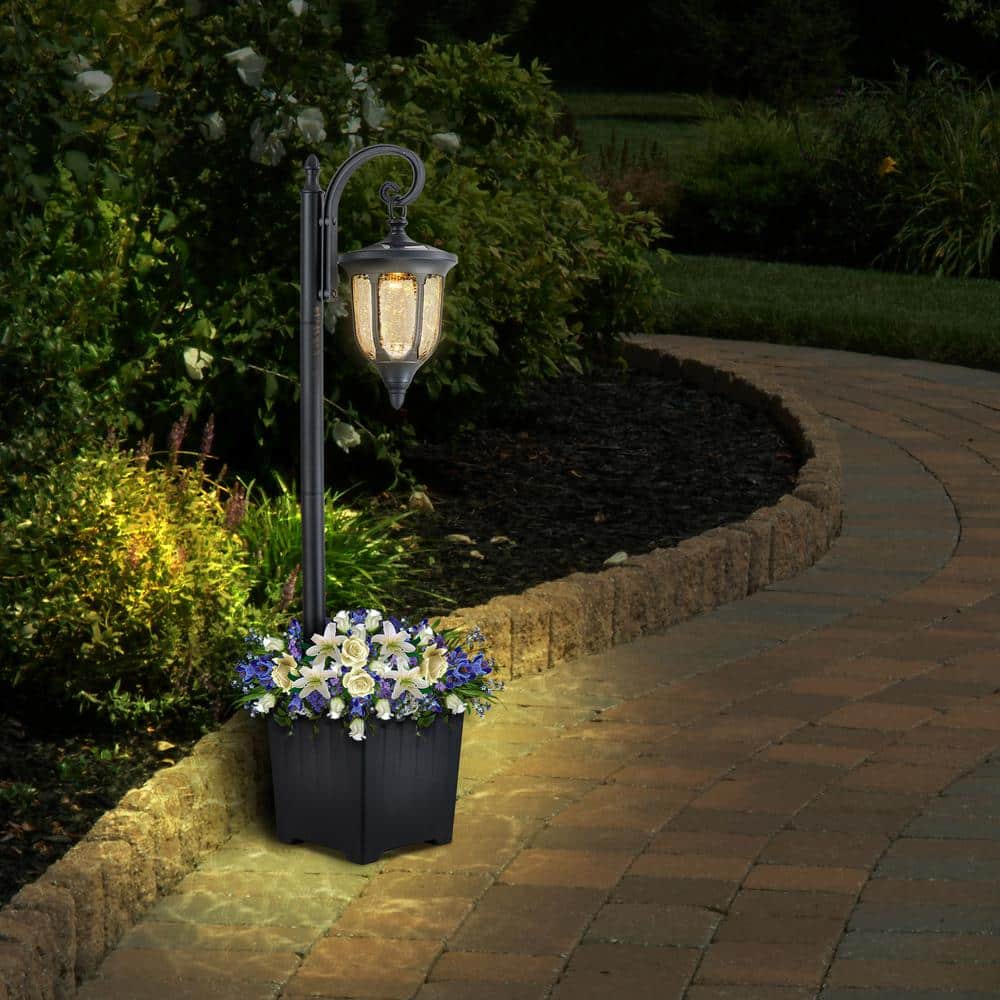 1-Light Black Weather Resistant Solar Outdoor Post Light with Planter and Crackle Glass Shade - Hercitys