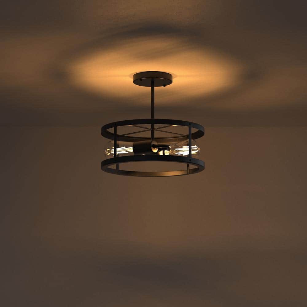 13 in. 2-Light Rustic Farmhouse Black Flush Mount Ceiling Light Drum Fixture for Hallway Kitchen Bedroom - Hercitys