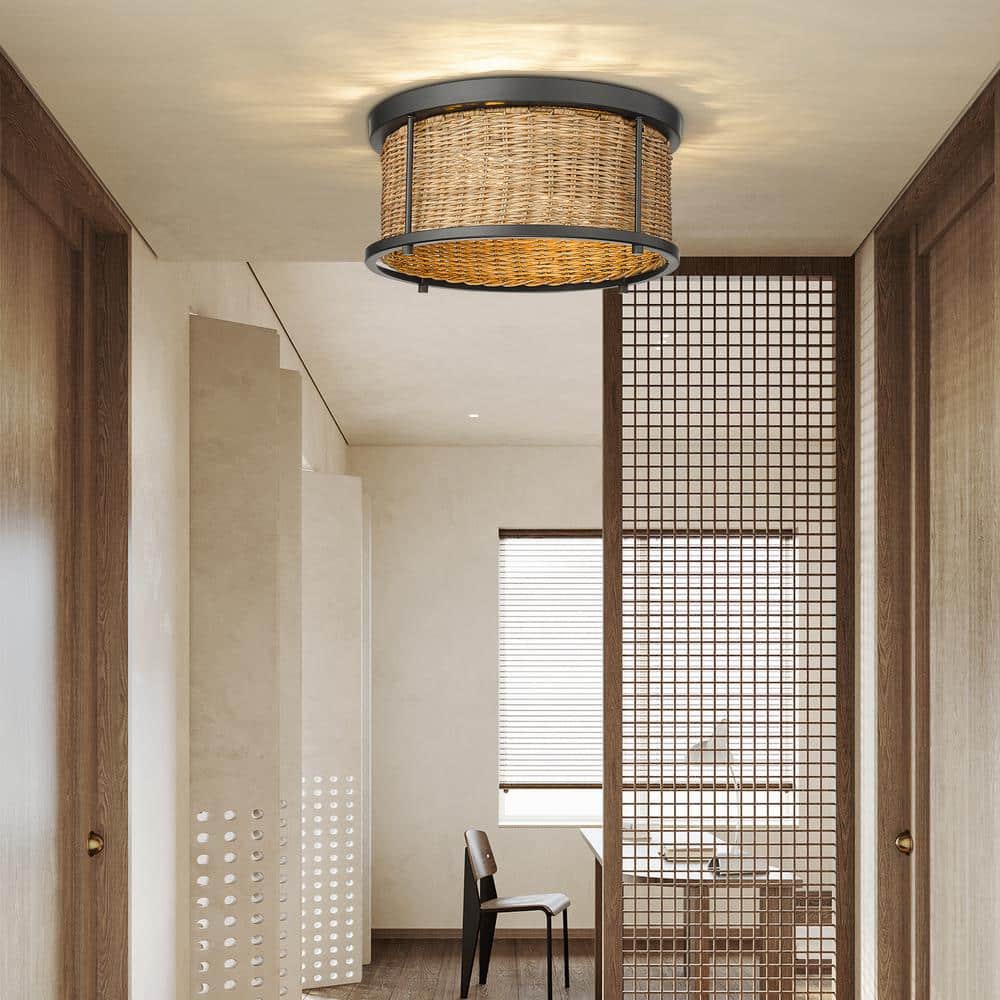 11.75 in. 2-Light Natural Bohemian Rattan Flush Mount Ceiling Light - Hercitys