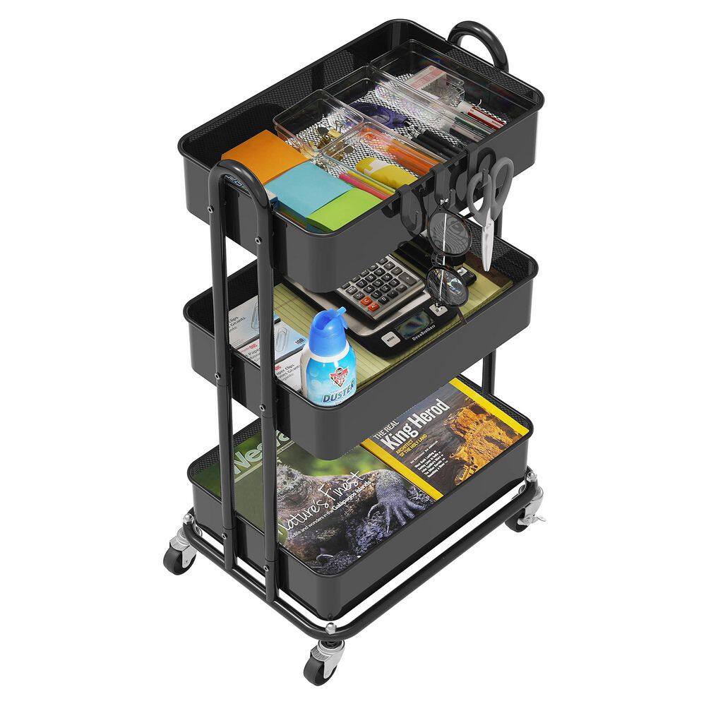 3-Tier Metal -Wheeled Utility Cart in Black - Hercitys