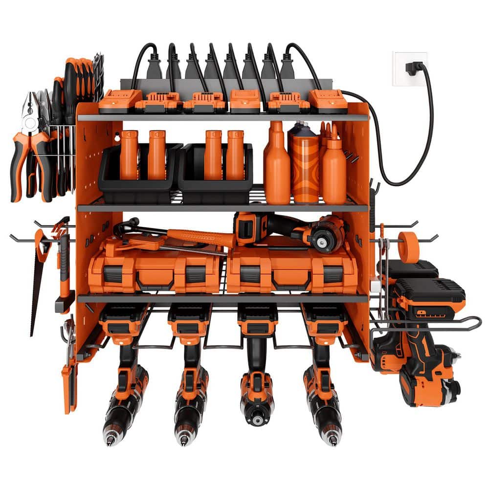 16 .6 in. Modular Power Tool Organizer with Charging Station, 150 lbs. Wall Mount Garage with hooks, Orange - Hercitys