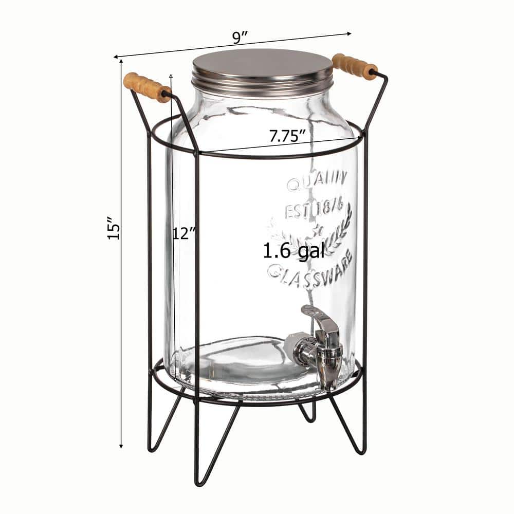 1.6-Gallon Glass Drink Dispenser with Stainless Steel Spigot – Water and Juice Container, Lemonade Stand - Hercitys