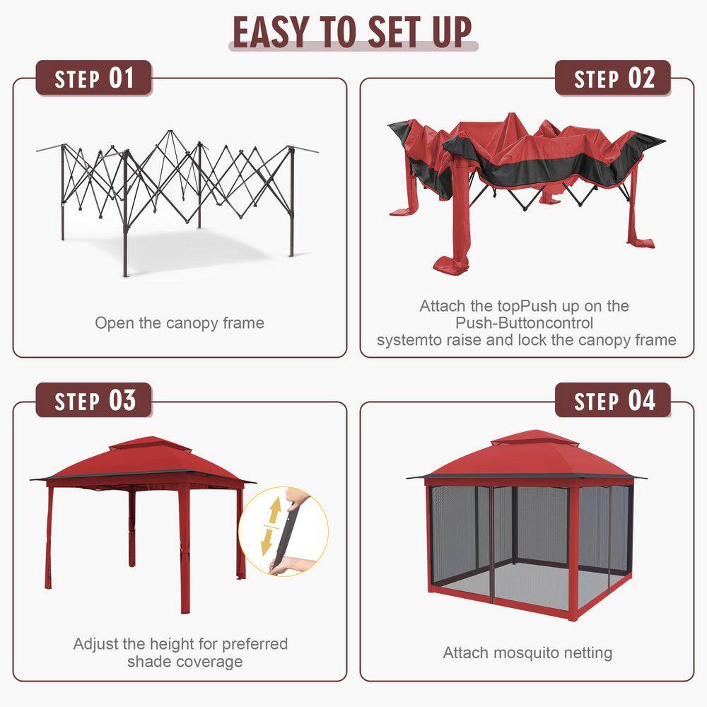 11 ft. x 11 ft. Pop-Up Steel Gazebo with Vented Double Roof, Mosquito Netting, and Carry Bag - Hercitys
