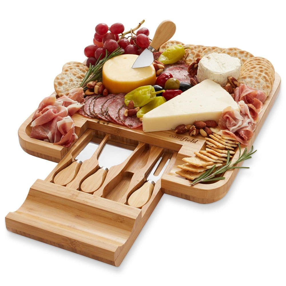 12.5 in. Traditional Natural Brown Bamboo Cheese Board and Charcuterie Gift Set with Cheese Knives - Hercitys