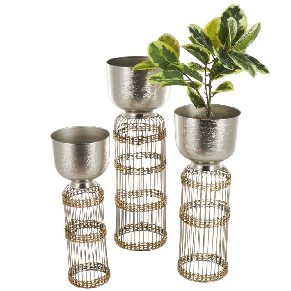 32 in., 27 in. and 24 in. Extra Large Silver Metal Textured Dome Planter with Seagrass and Caged Pedestal Base (3- Pack) - Hercitys