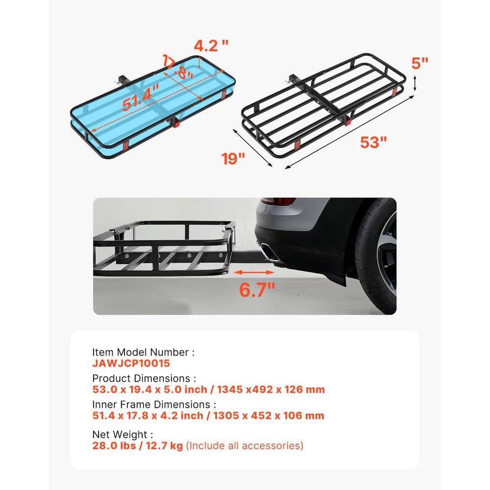 53 in. x 19 in. x 5 in. Hitch Cargo Carrier 500 lbs. Capacity Hitch Cargo Carrier with Hitch Stabilizer , Ratchet Straps - Hercitys