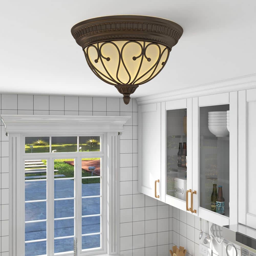 15.29 in. 2-Light Old Bronze Ceiling Light Hallway Interior Flush Mount with Frosted Glass - Hercitys
