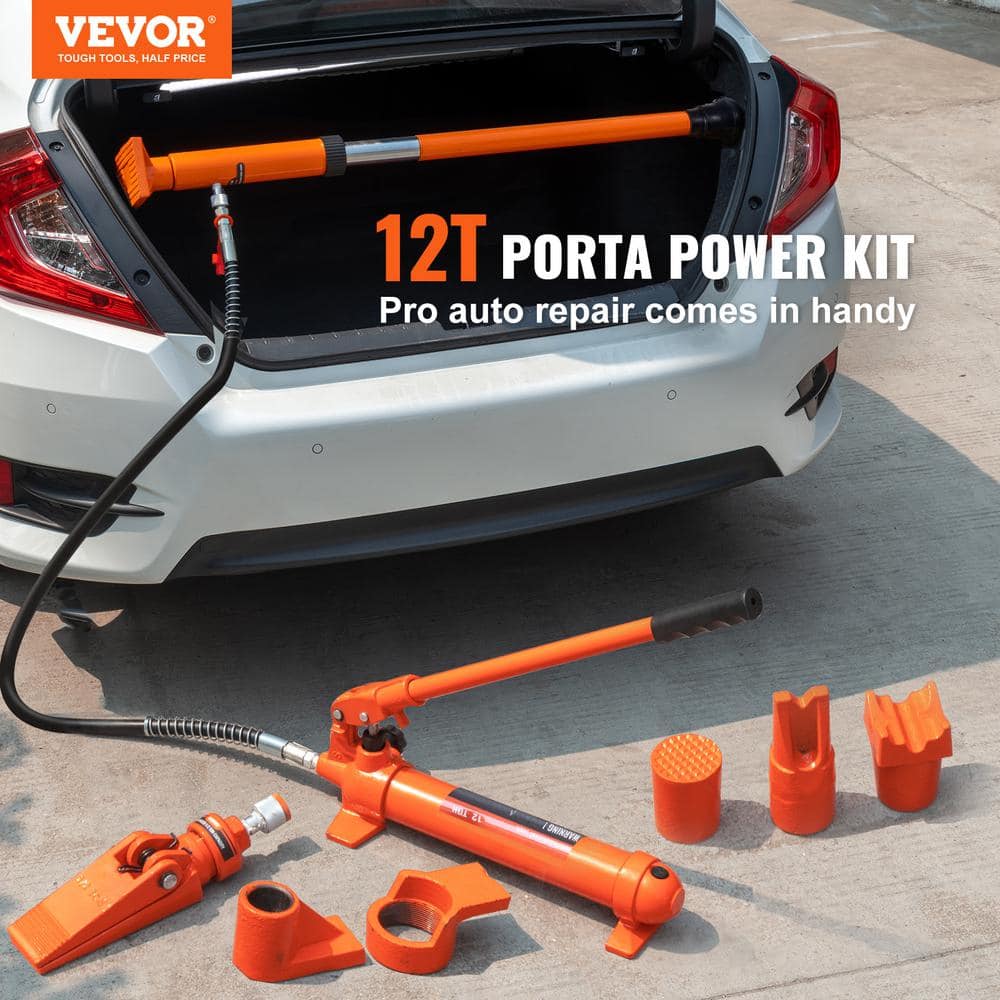 12-Ton Porta Power Kit 55.1 in. Oil Hose Hydraulic Jack Ram 5.3 in. Lifting Height Autobody Frame Repair Tools - Hercitys