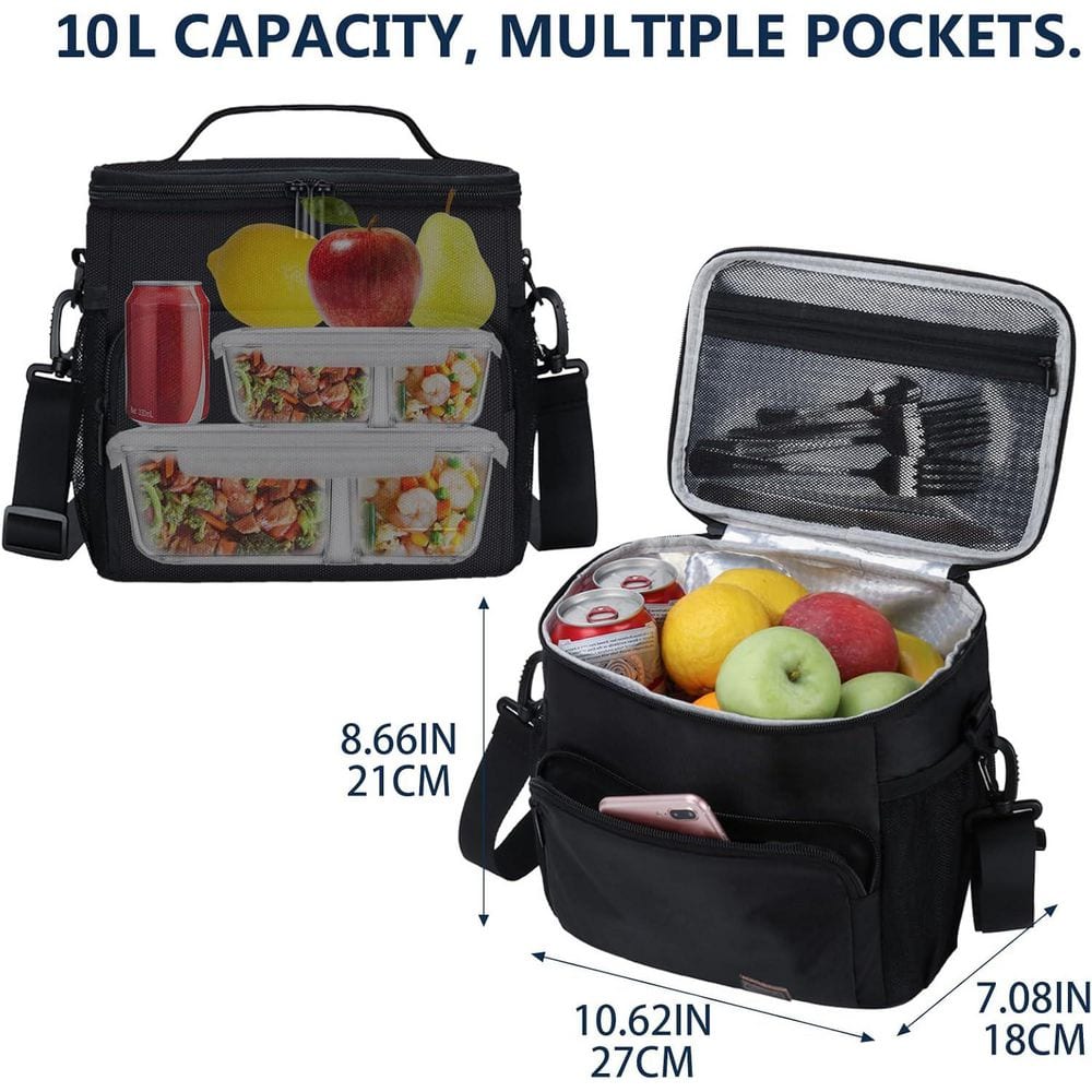 11 qt. 10L Insulated Leak Proof Lunch Box Bag Cooler with Food Grade Aluminum Lining and EPE Foam Insulation Black - Hercitys
