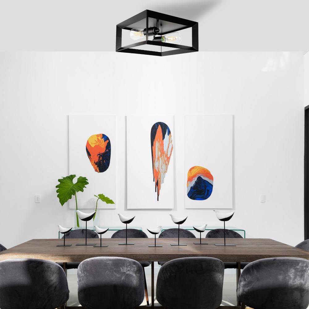 2-Light Black Farmhouse Caged Square Flush Mount Industrial Vintage Ceiling Lighting - Hercitys