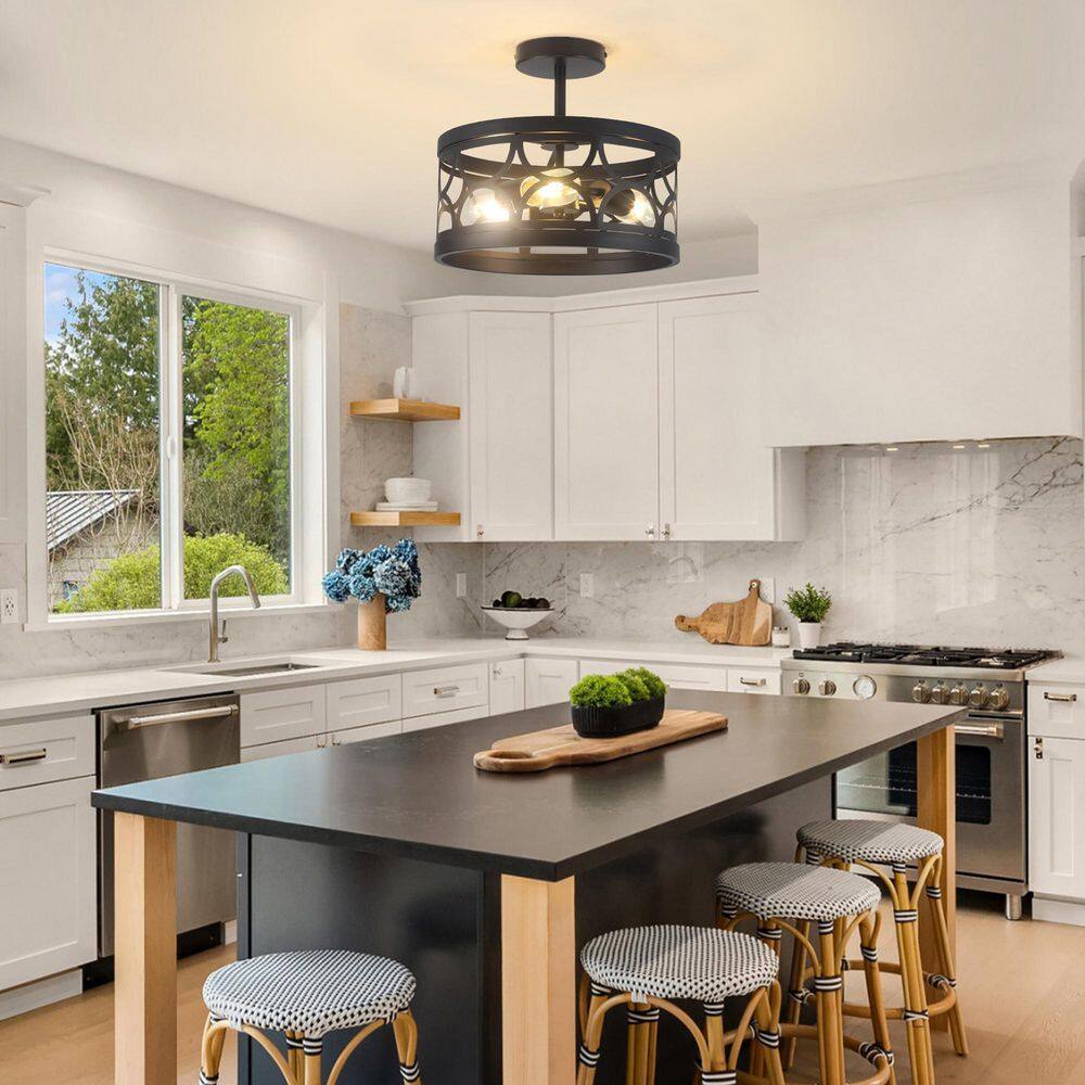12.6 in. 3-Light Black Farmhouse Drum Semi-Flush Mount Light with Metal Shade - Hercitys