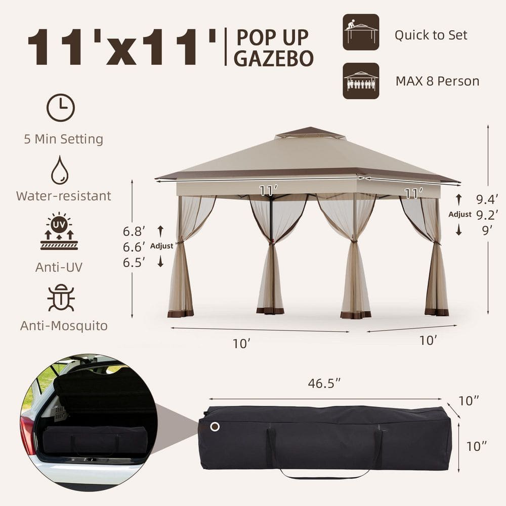 11 ft. x 11 ft. Khaki Pop-Up Gazebo Tent with Mosquito Netting - Hercitys